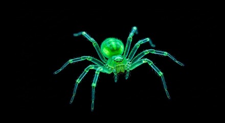 Glowing green spider dramatically posed against black background. AI Generated