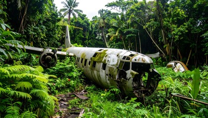 Abandoned plane wreckage in a lush jungle