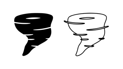 Two black and white tornado illustrations one solid black one outline white both with swirling lines and a pointed bottom.