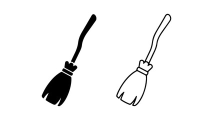 Two black and white witchs brooms simple line art style isolated on white background.