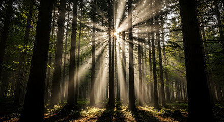 Obraz premium Sunbeams shining through tall trees in a forest