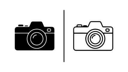 Two camera icons one black and one white focused on the details of the camera design highlighting the lens and body.