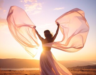 Silk scarf caught midair as a model spins, soft motion blur, pastel background, ethereal feel