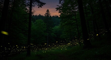 Fototapeta premium Magical fireflies illuminate a tranquil forest at twilight. AI Generated