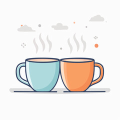 Obraz premium Two Mugs of Hot Coffee, Teal and Orange, Simple Line Art