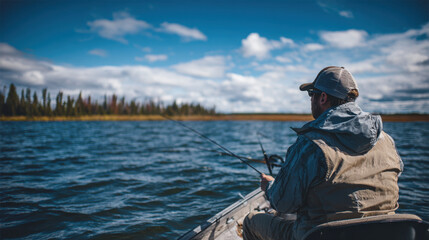 Obraz premium Casting fishing line from a boat on serene lake under a beautiful blue sky with scattered clouds and lush trees lining the shore in the background.