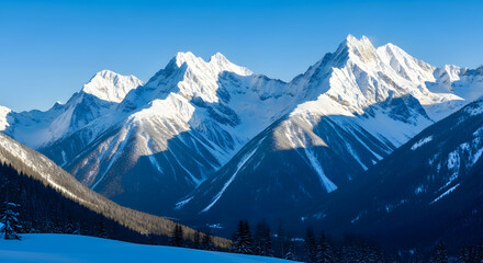Snowy mountain range with clear blue sky and pine trees in the foreground