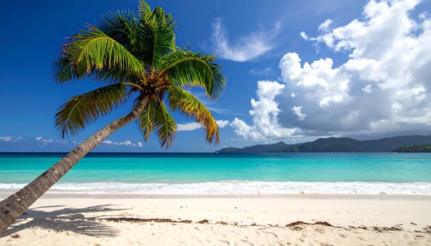Tropical beach scene with a leaning palm tree (1)