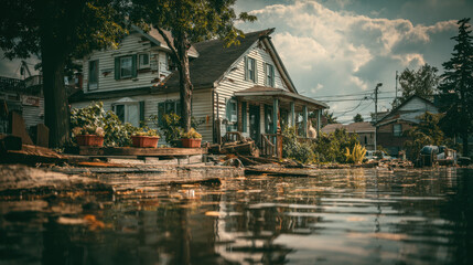 Obraz premium Flooded house surrounded by debris and water reflecting trees under cloudy sky in suburban area during daytime disaster recovery scene