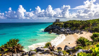 Tropical beach scene with ancient ruins
