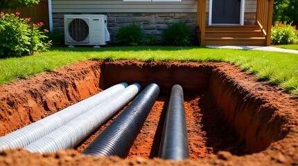 Underground conduit installation with black and gray pipes in a trench, showcasing the infrastructure for utilities like electricity, water, and communication lines
