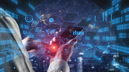 A businessman interacts with a smartphone displaying advanced analytics and global connections, representing the integration of technology and finance in a modern world. Xenic - Powered by Adobe