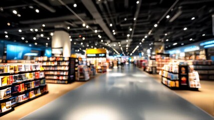 Medium shot highlighting an AIorganized retail section in a modern mall centered on focused customer browsing smart shelves while store surroundings remain blurred