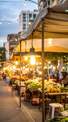 Evening street market, blurred people, fresh produce