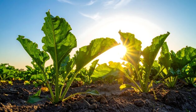 Sugar beet plants in a field at sunset