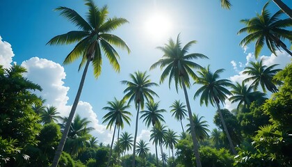 Obraz premium Tropical paradise with palm trees reaching towards a bright sun and blue sky on a summer day