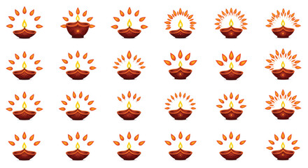 Diwali lamps glow brightly, arranged in neat rows on a white surface, symbolizing light and celebration in a festive atmosphere.