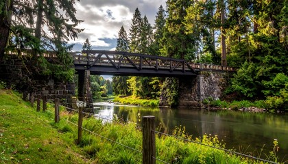 Rustic bridge over a tranquil river in a wooded area