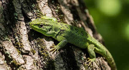 Fototapeta premium Green Lizard on Tree Bark.