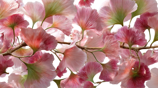Delicate pink and green translucent leaves on a branch isolated on transparent background