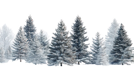 Row of snow covered evergreen trees isolated on transparent background