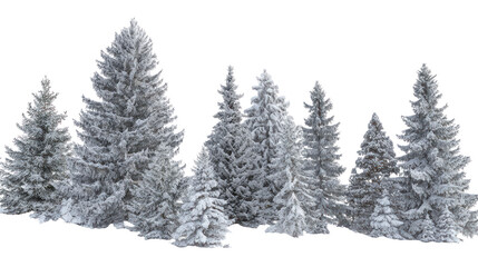 Fototapeta premium Cluster of snow covered pine trees isolated on transparent background