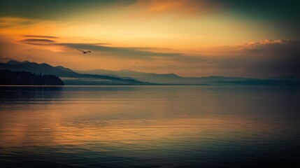 Naklejka premium Golden Sunset Water Landscapes: Sea/Ocean Reflections, Orange Sky Waves & Beach Silhouette Birds