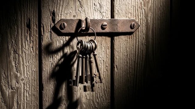 Antique Keys Hanging on Rustic Wooden Door