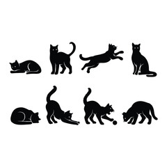 Silhouettes of playful and resting black cats in various poses