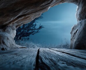 Old wooden planks framing a dark view from a cave mouth onto a desolate grassy field with a gnarled tree under moonlight
