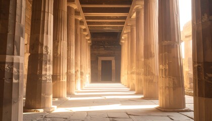 Ancient colonnaded hall bathed in sunlight