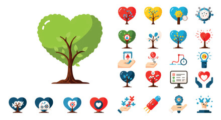 Collection of heart shaped elements representing love, care, and support for various causes, symbolizing compassion and charity.