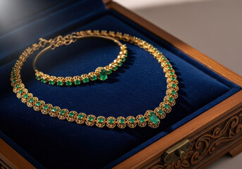 Elegant gold necklace and bracelet with vivid green gemstones displayed in ornate blue velvet jewelry box, intricate craftsmanship highlights luxury and fine detail