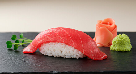Single piece of Tuna Nigiri on black slate, garnished with wasabi