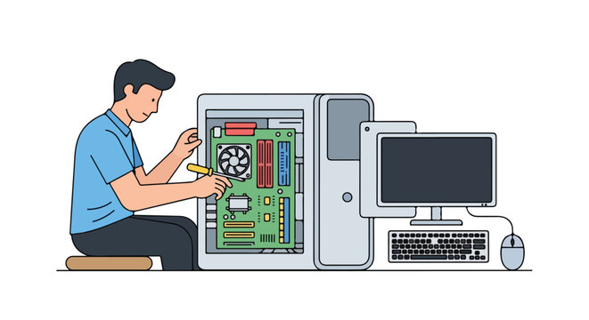 Illustration of a technician repairing a computer system, showcasing technology maintenance and hardware expertise for a modern and efficient
