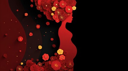 A vibrant silhouette of a pregnant woman surrounded by colorful flowers, symbolizing femininity and the beauty of motherhood against a dark background.
