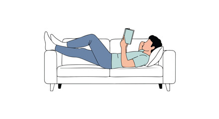 Man relaxing on a white sofa, reading a book in a minimalistic illustration style for easy leisure time