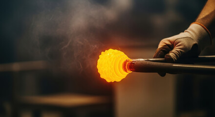 Skilled artisan carefully shapes glowing molten glass with gloved hand in workshop, demonstrating intricate craftsmanship and delicate glassblowing process in industrial setting