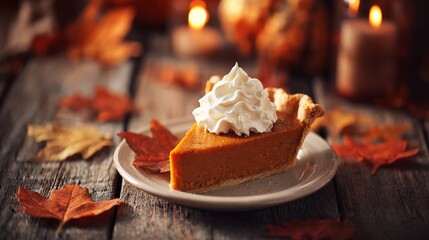 A slice of pumpkin pie topped with whipped cream, set on a rustic wooden table surrounded by autumn leaves and soft candlelight.