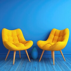 Two vibrant yellow armchairs sit in front of a bold blue wall, creating a striking visual contrast.  A small blue vase adds a pop of complementary color to the scene.