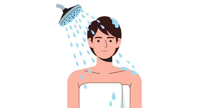 Illustration of a man taking a shower with water droplets, a towel and a clear background graphic and modern style design for wellness concept design