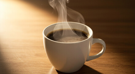 Steaming Hot Black Coffee in White Ceramic Mug on Wooden Table