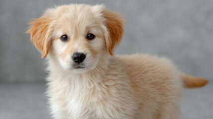 Adorable Golden Retriever Puppy Portrait Covered in Snow with Fluffy Fur Against Gray Textured Background