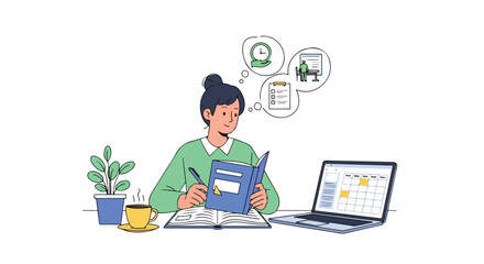 Focused female student studying remotely using a laptop and book while planning and managing her assignments efficiently for effective time management