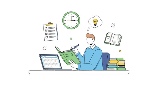Conceptual illustration of a student planning and organizing tasks for academic success and efficient time management to achieve goals