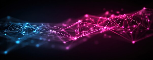 A vibrant abstract digital illustration featuring interconnected lines and nodes in blue and pink against a dark background.