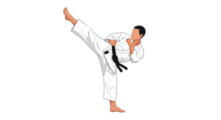 Illustration depicting an athletic male engaged in a dynamic karate side kick against a stark white backdrop promoting martial arts