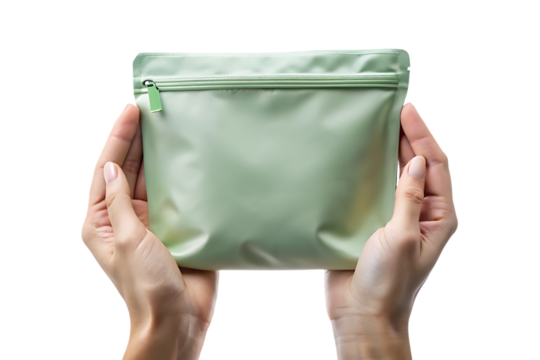 Hands holding small mint green zippered pouch Keywords: hands, holding, pouch, bag, cutout PNG isolated on a transparent background