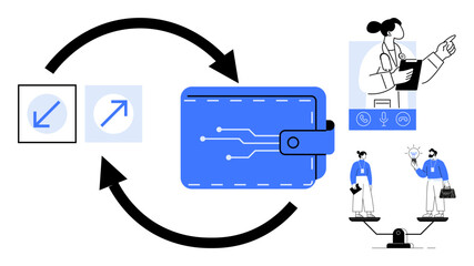 Wallet with circuit lines, arrows indicating exchange, medical worker pointing, collaboration between businesspeople. Ideal for finance, healthcare, teamwork, innovation, technology balance