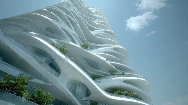 Medium shot focusing on the exterior of a modern highrise with dynamic twisting forms illustrating cuttingedge architectural wind mitigation strategies.